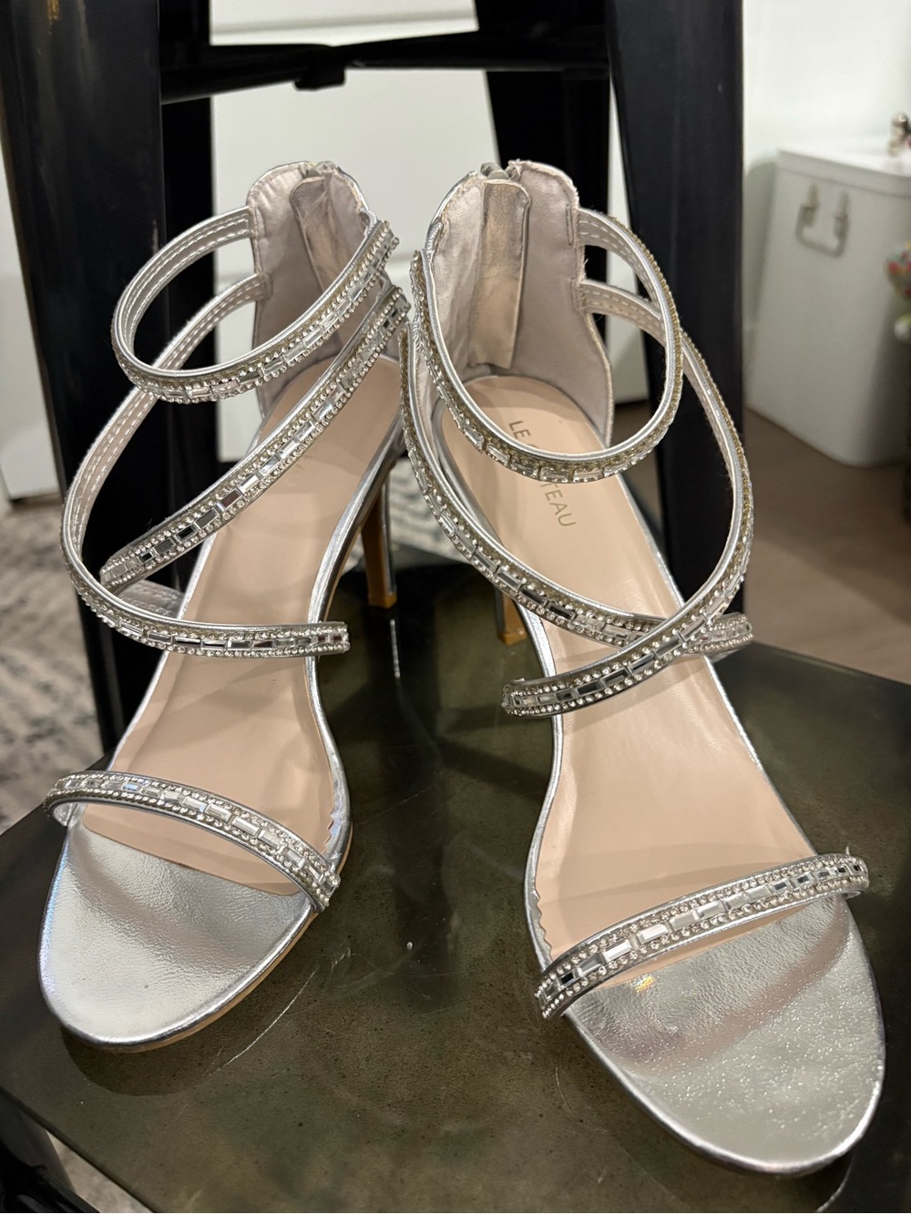 le chateau Silver Rhinestone Strappy High Heels